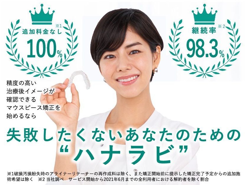 マウスピースを持った女性の写真。マウスピース矯正ハナラビは矯正を失敗したくないあなたのためのサービスです。