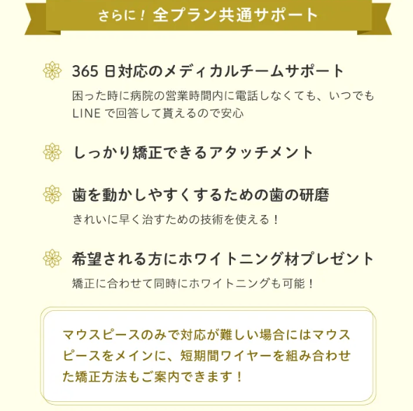 この画像は、マウスピース矯正hanaravi(ハナラビ)の歯列矯正の全プランに共通するサポートについて説明しています。 主なサポート内容は以下の4点です: 365日対応のメディカルチームサポート - LINE で回答して貰えるので、いつでも安心 しっかり矯正できるアタッチメント 歯を動かしやすくするための歯の研磨 - 早く治すために技術を使える 希望される方にホワイトニング材プレゼント - 矯正に合わせて同時にホワイトニングも可能 最後に、マウスピースのみで対応が難しい場合はマウスピースをメインに、短期間ワイヤーを組み合わせた矯正方法もご案内できます、とのメッセージが添えられています。